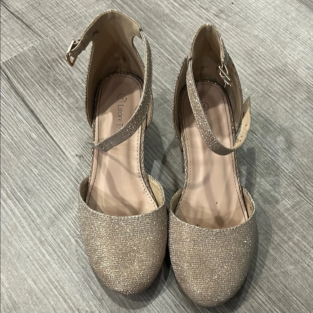 Gold Dress Shoes with Ankle Straps and Shimmery Finish